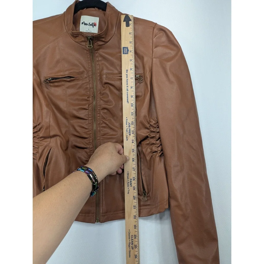 Miss Selfie‎ Womens Cognac Brown Faux Leather Ruched Moto Biker Jacket Large